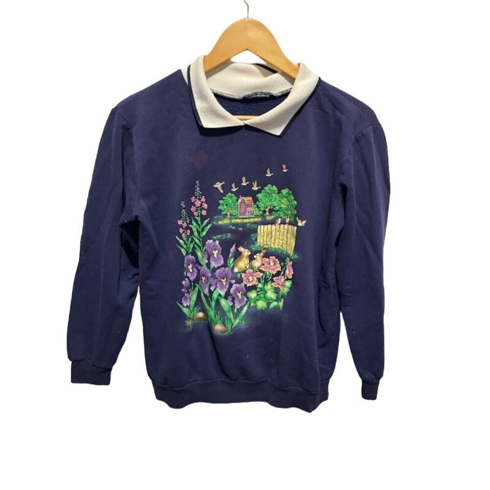 Vintage VTG Bunny Buddies sweatshirt navy blue with white attached collar sz L